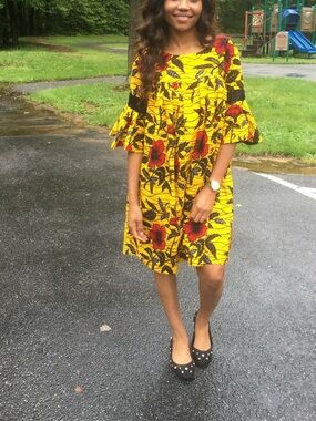 Yellow Floral Ruffled Sleeve Ankara African print summer  Dress